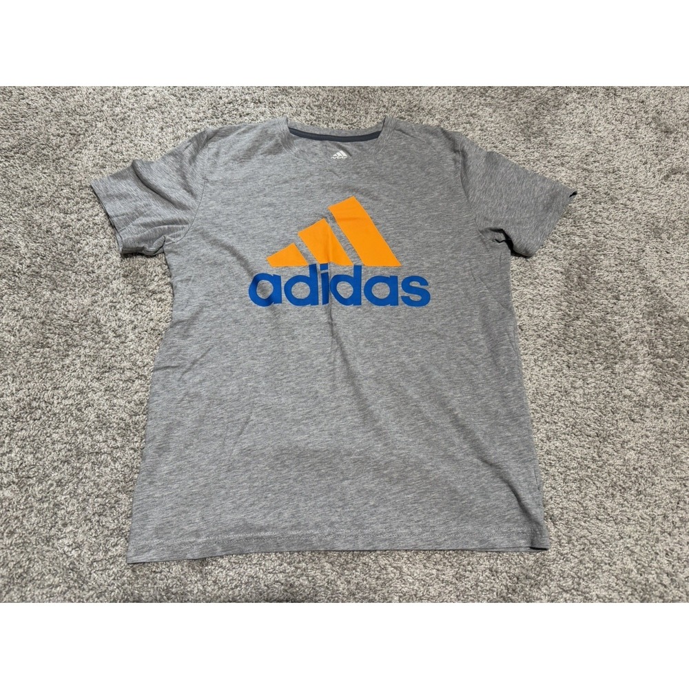 Adidas Shirt Youth Medium 10/12‎ Gray Blue Orange Big Logo Athletic Tee Crewneck